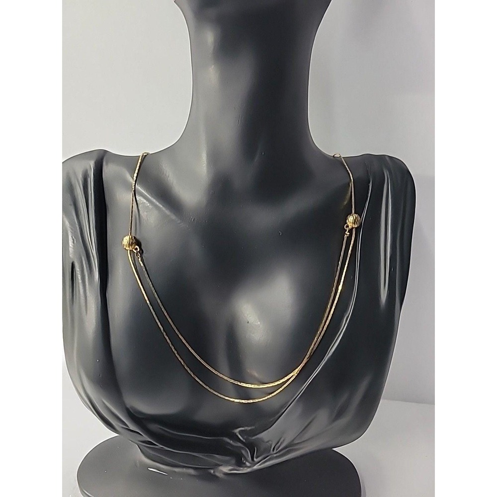 Vintage Gold Tone Double Snake Chain Necklace Bead Slipe Minimalist Drape